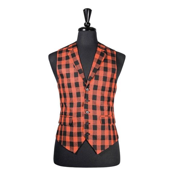 Mens Vest 40R Wool Orange Black Plaid Check Waistcoat Formal Wedding Groom Party - Picture 1 of 9